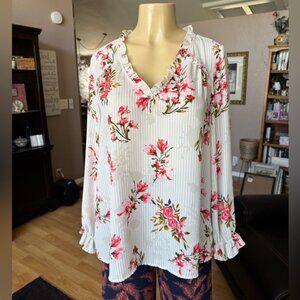 Roz & Ali pink, green & white long ruffled sleeves Vneck blouse/size XL